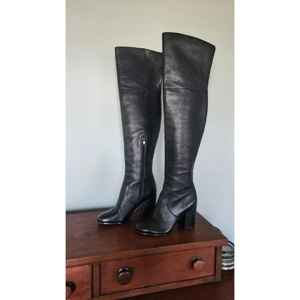 Via Spiga Beline Over The Knee Boots Black Pebbled Leather Block Heel Size 6 M